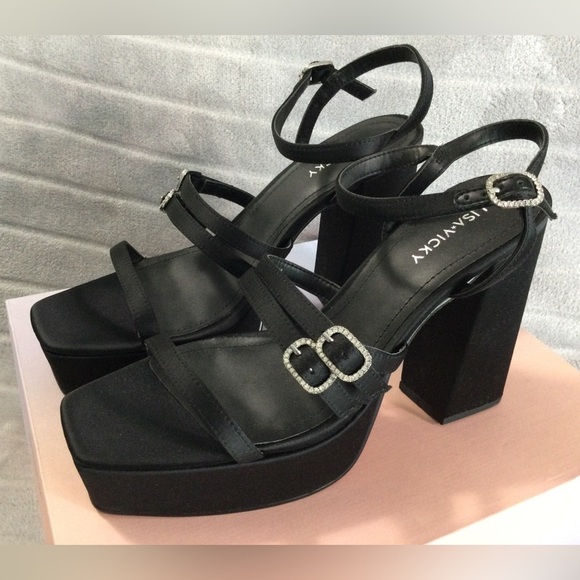 Lisa Vicky Babe Black Satin Strappy Platform Heels Size 9M - Picture 1 of 13